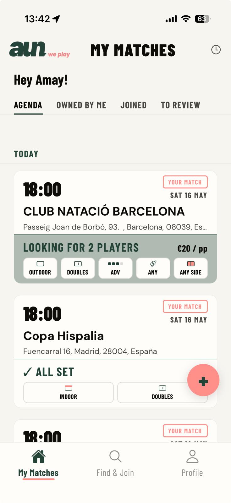 The AUN my-matches screen showing a confirmed upcoming padel match