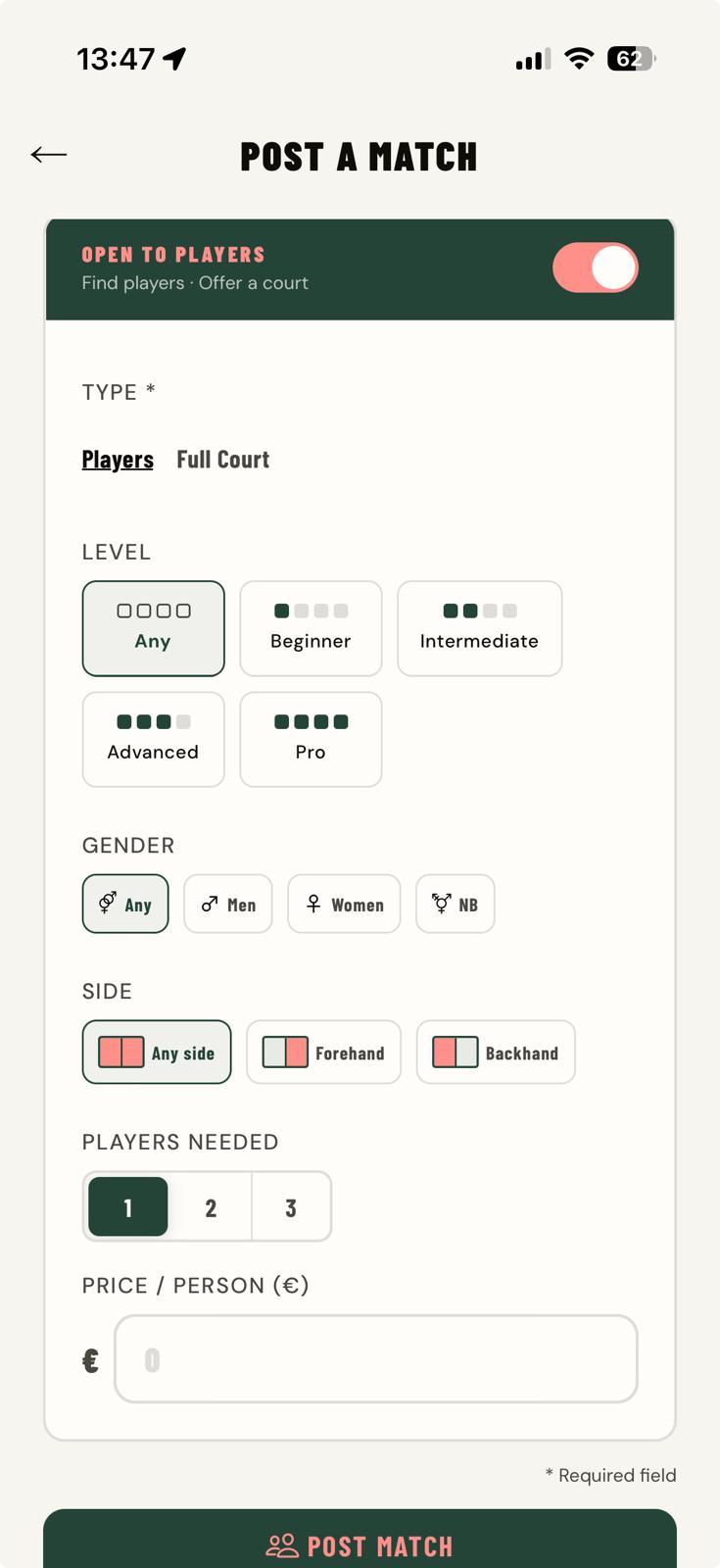 The AUN post-a-match screen with court, time and skill-level options