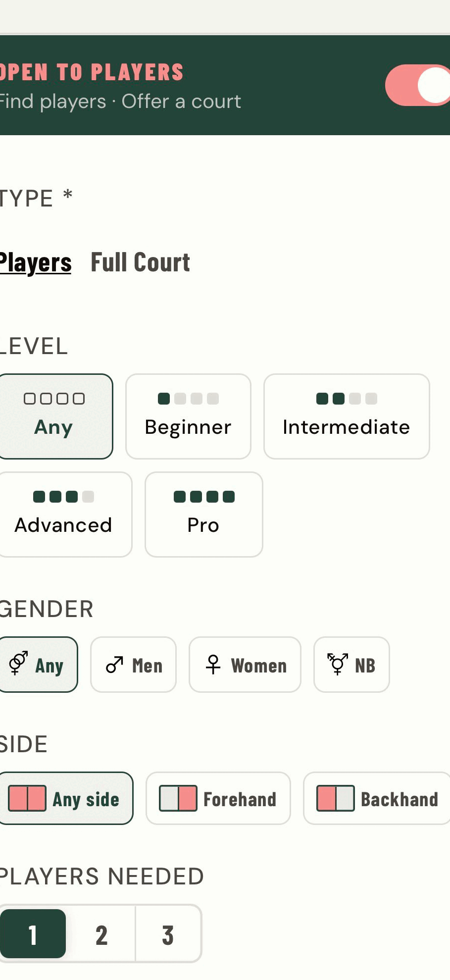 The AUN match filters for skill level, gender and preferred side