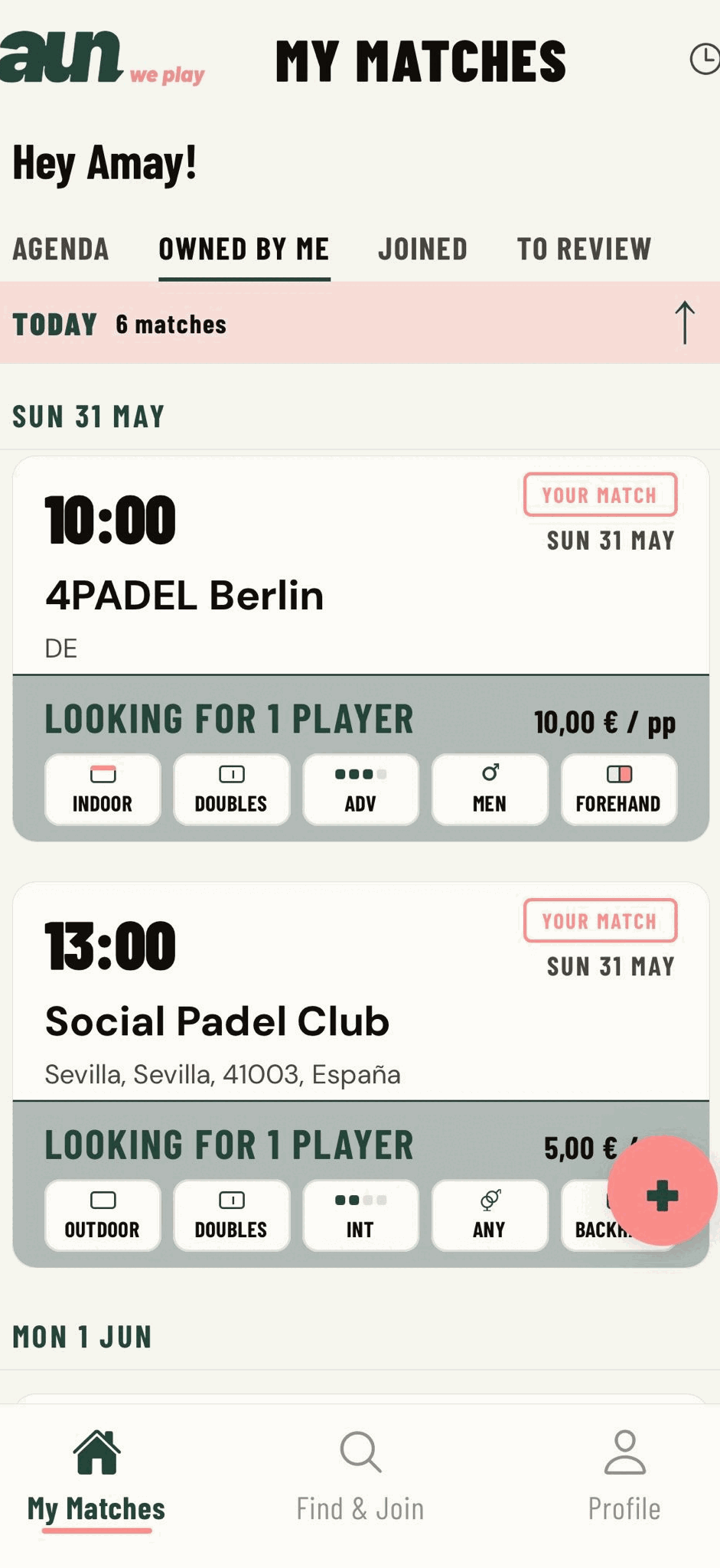 The AUN my-matches list where players coordinate without sharing phone numbers